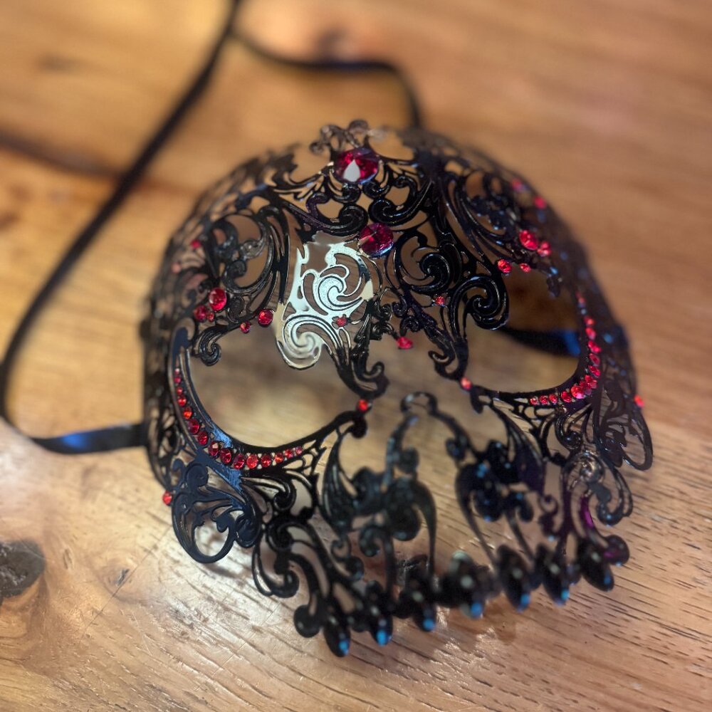 💀 Skull Laser-Cut Venetian Masquerade Mask w/ Red Rhinestones